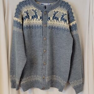 Stylish Blue and Cream Cardigan with Reindeer Design